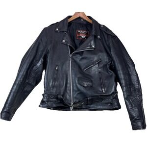 VTG Interstate Leather Black Motorcycle Jacket 46 Zippers Snaps Belt Ties Liner